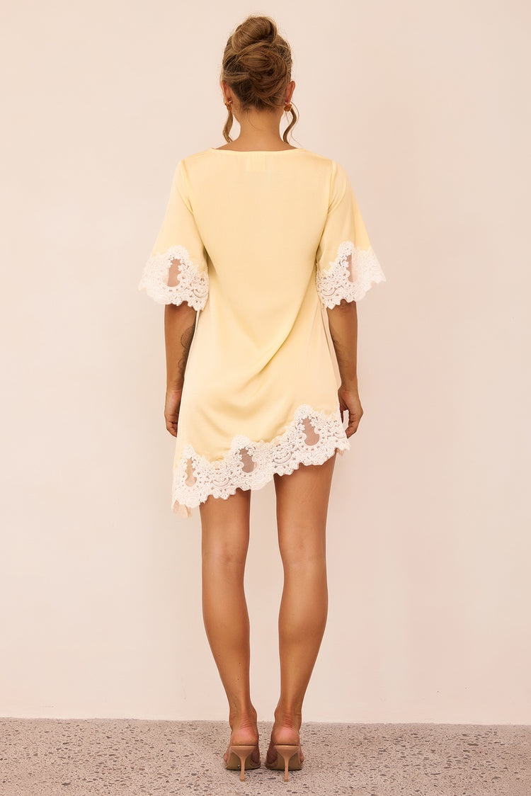 Gilded Petal Satin Mini Dress - Lemon