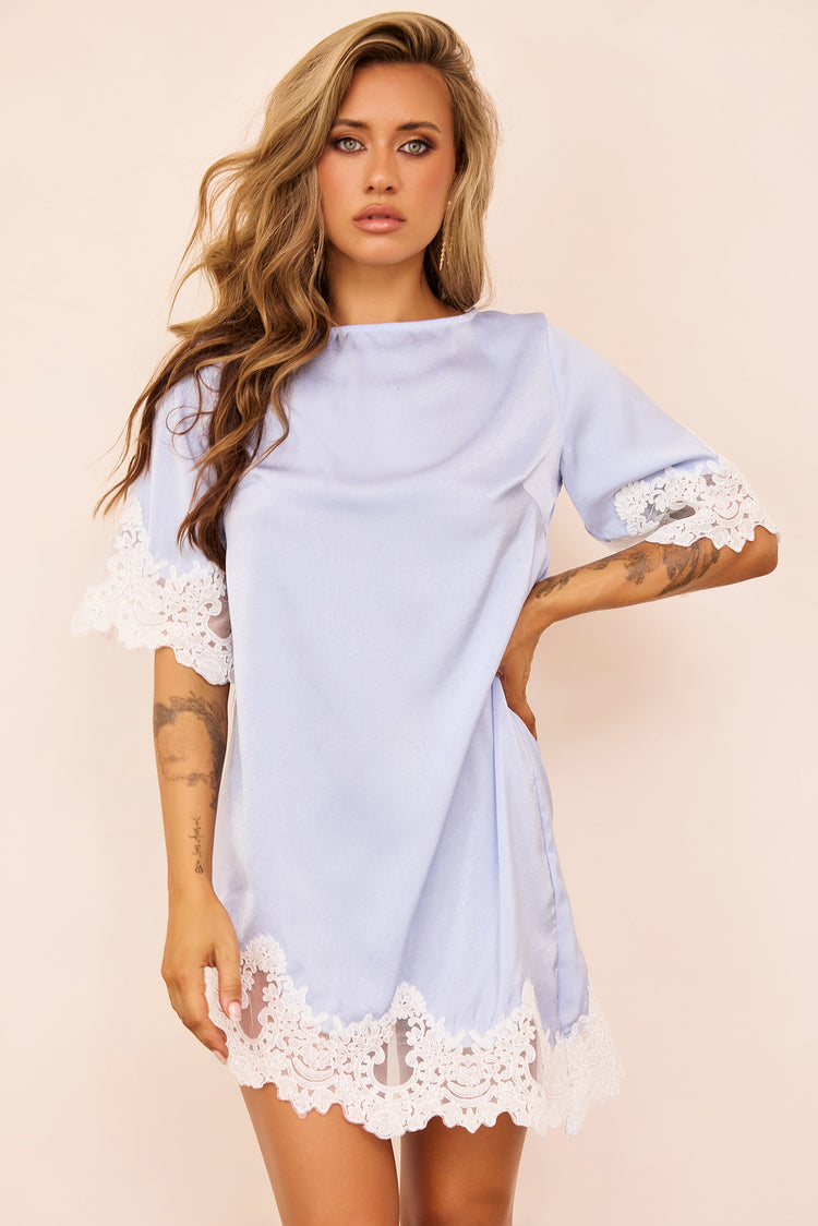 Gilded Petal Satin Mini Dress - Steel Blue