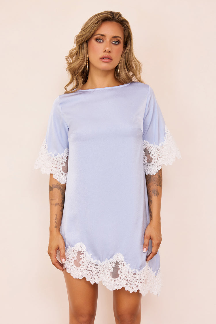 Gilded Petal Satin Mini Dress - Steel Blue