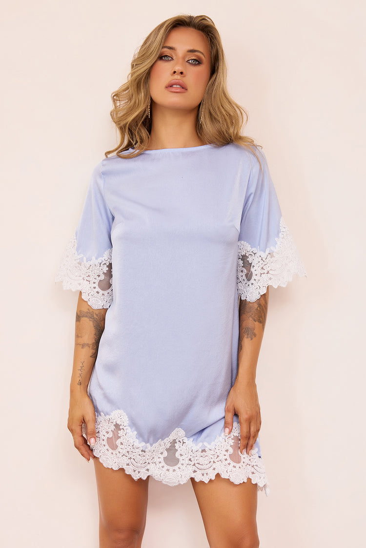 Gilded Petal Satin Mini Dress - Steel Blue