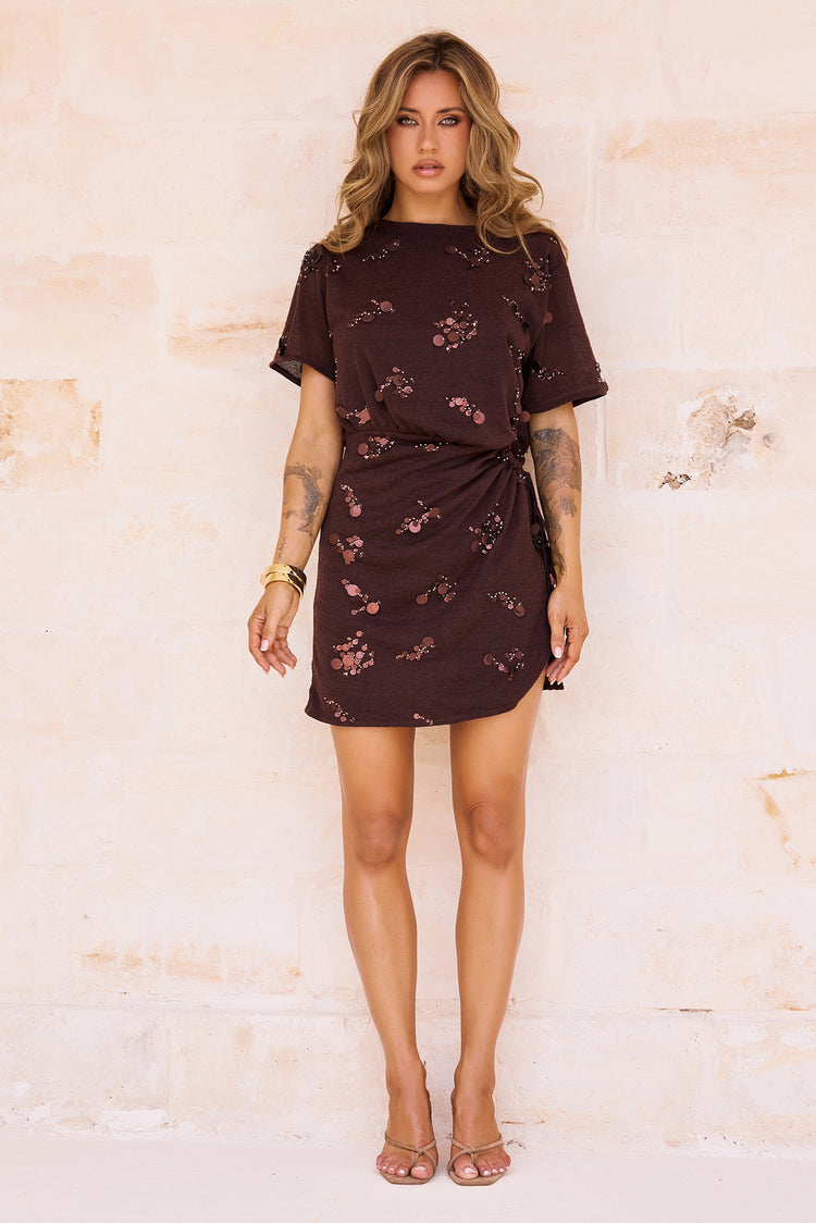 Marisol Embellished Jersey Mini Dress - Brown