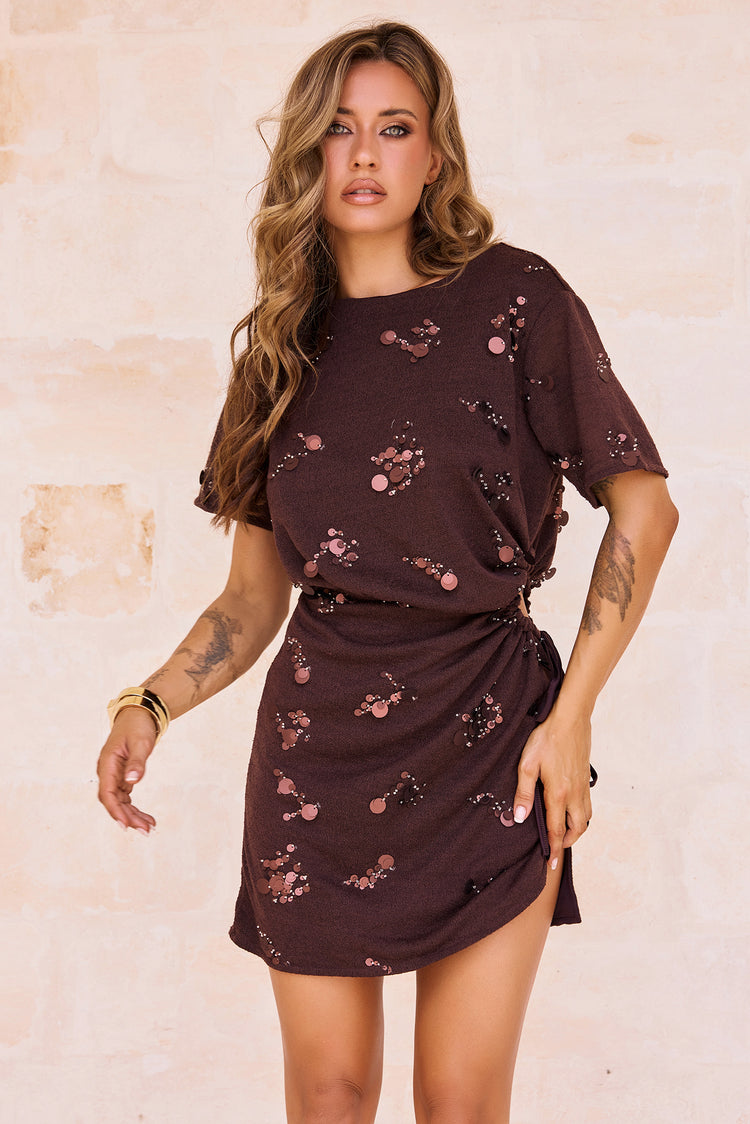 Marisol Embellished Jersey Mini Dress - Brown