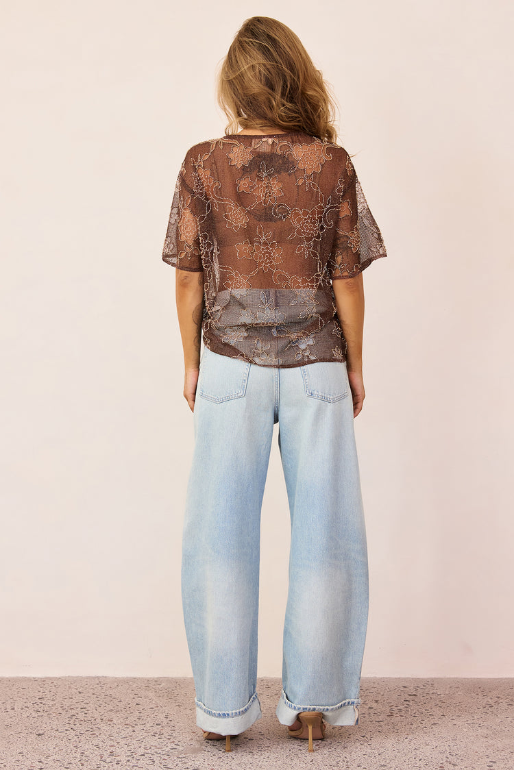 Nocturne Sequin Mesh Top - Brown