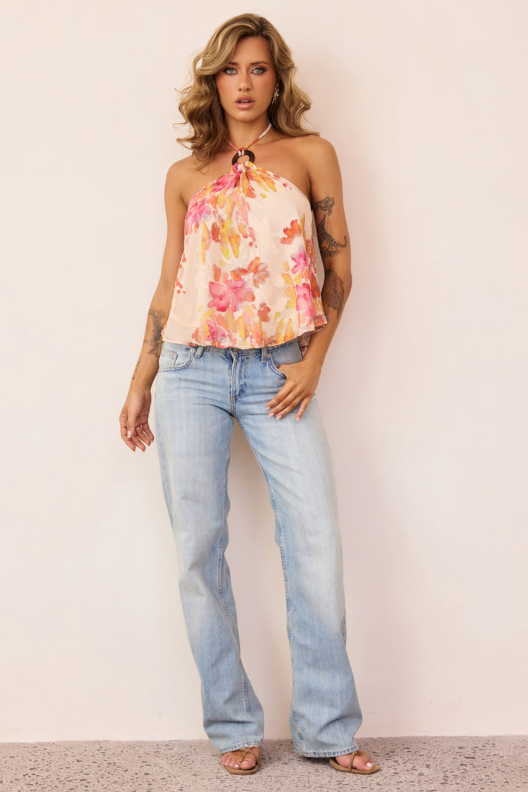Solea Floral Jacquard Chiffon Halter Top - Beige Multi