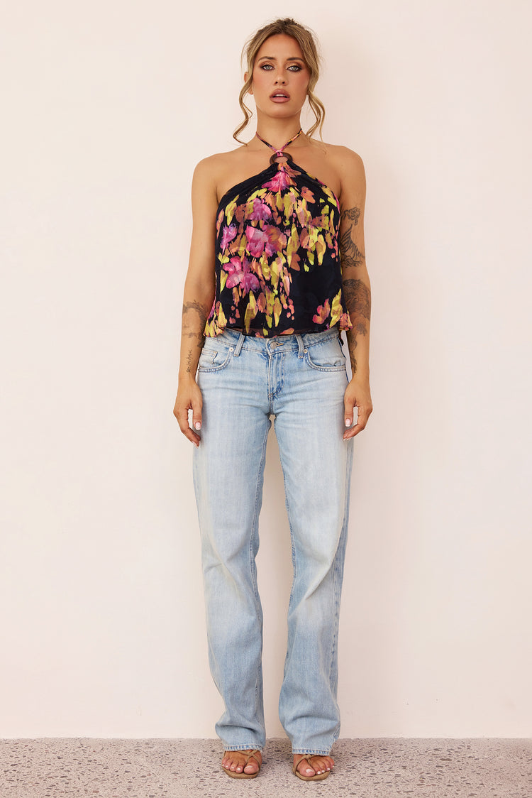 Solea Floral Jacquard Chiffon Halter Top - Black Multi