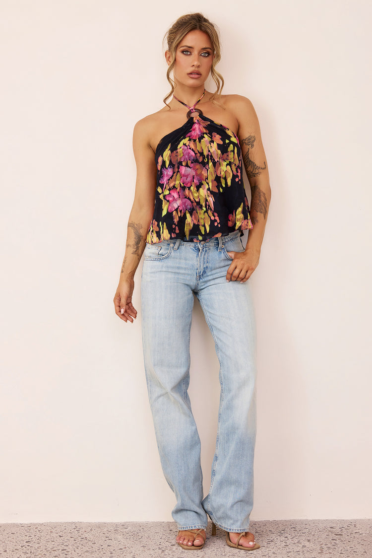 Solea Floral Jacquard Chiffon Halter Top - Black Multi