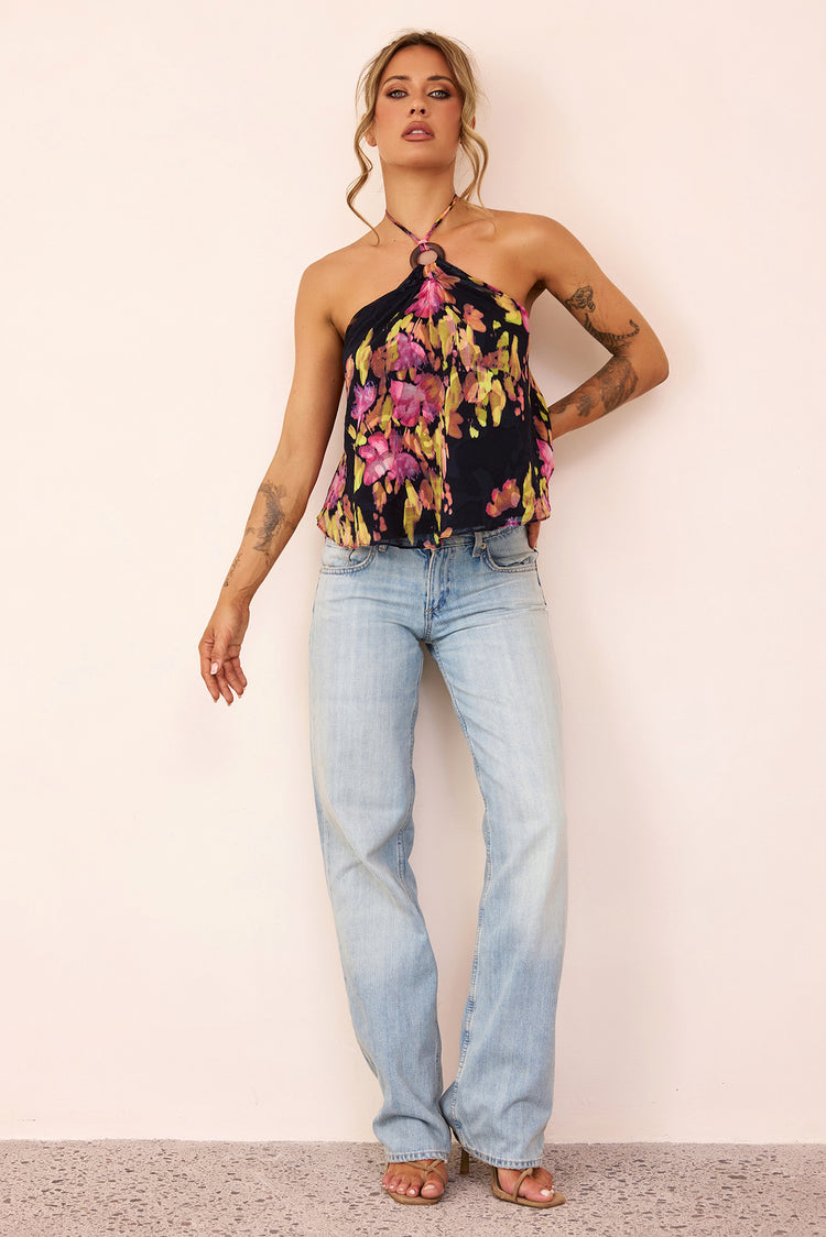 Solea Floral Jacquard Chiffon Halter Top - Black Multi