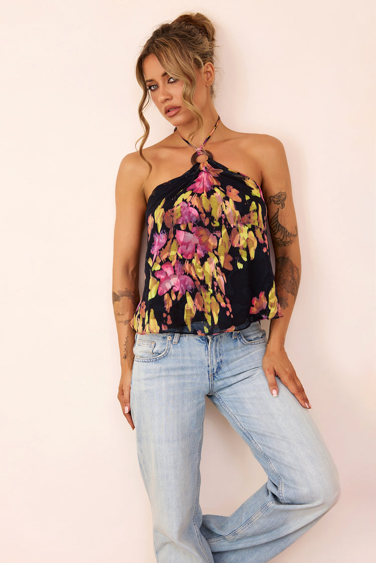 Solea Floral Jacquard Chiffon Halter Top - Black Multi