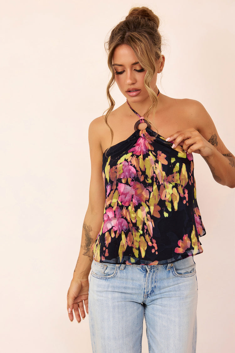 Solea Floral Jacquard Chiffon Halter Top - Black Multi