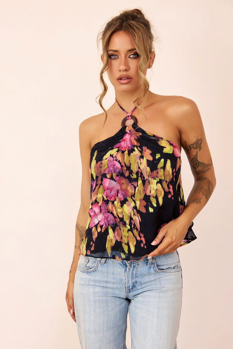 Solea Floral Jacquard Chiffon Halter Top - Black Multi