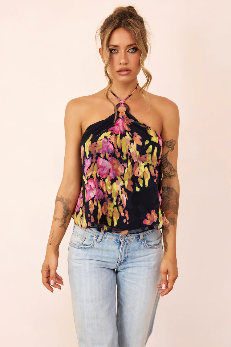 Solea Floral Jacquard Chiffon Halter Top - Black Multi