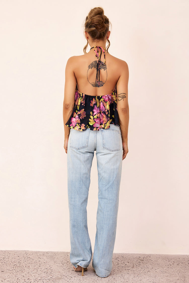 Solea Floral Jacquard Chiffon Halter Top - Black Multi