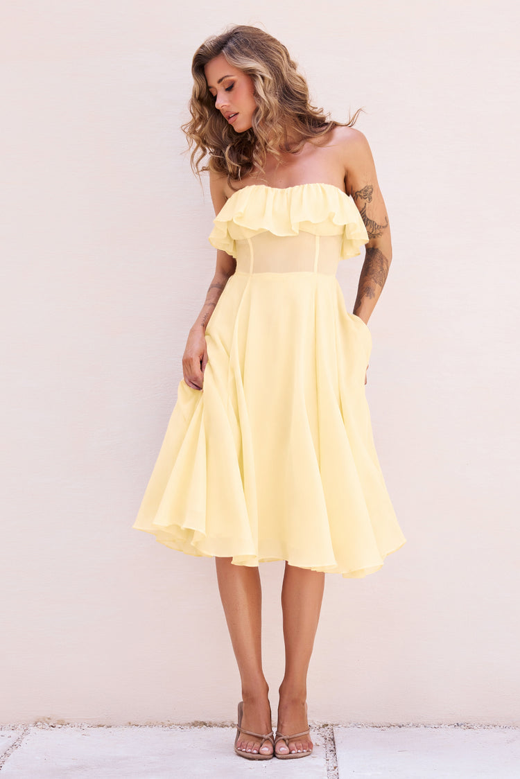 Aurelia Ruffle Chiffon Midi Dress - Lemon
