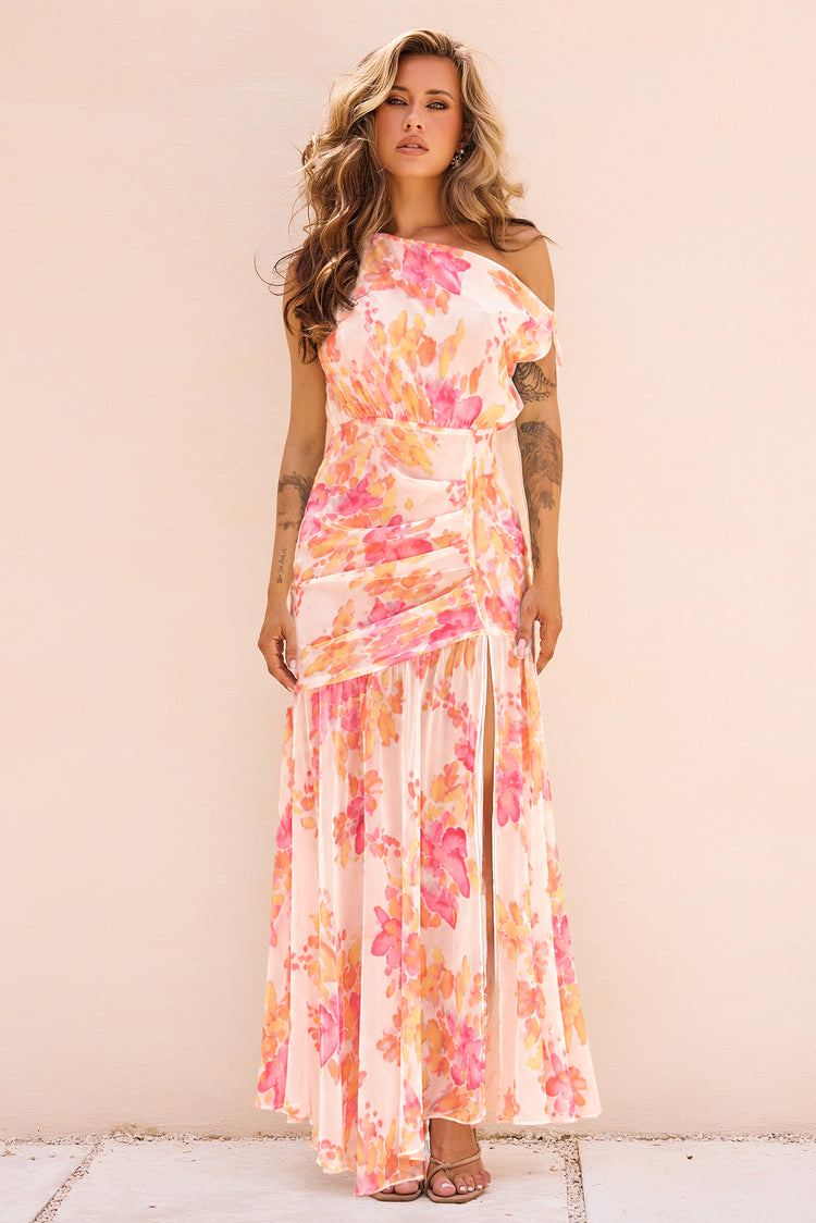 Amalfi Sunset Floral Chiffon Maxi Dress - Beige Multi