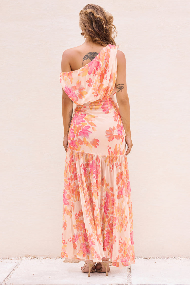 Amalfi Sunset Floral Chiffon Maxi Dress - Beige Multi