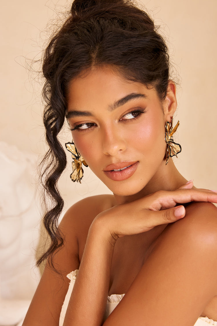 Fleur Noire Statement Earrings - Gold