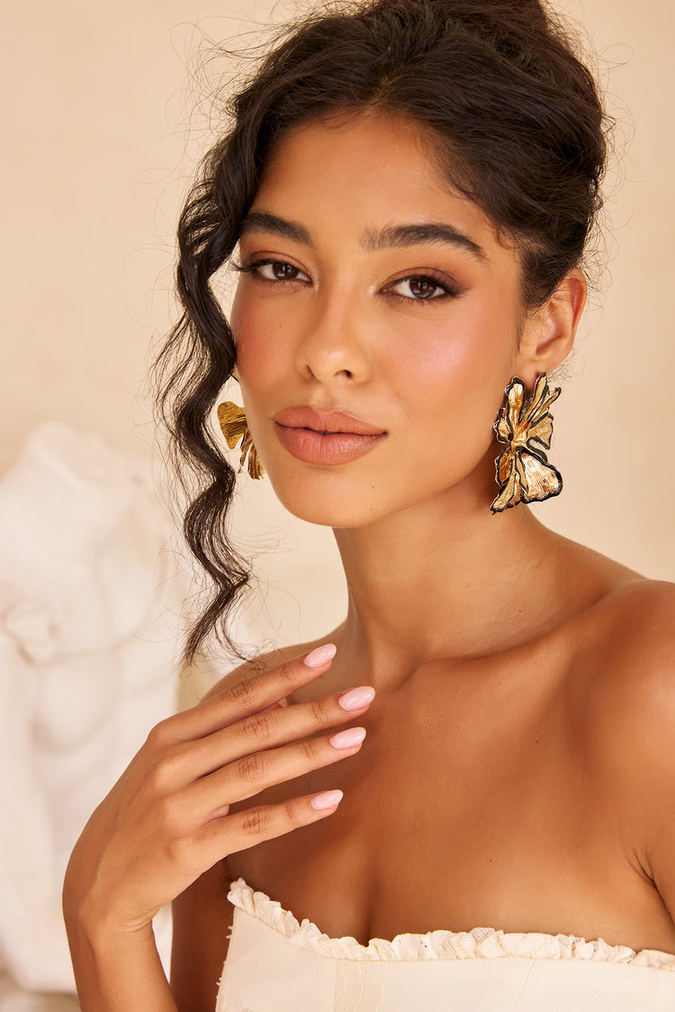 Fleur Noire Statement Earrings - Gold