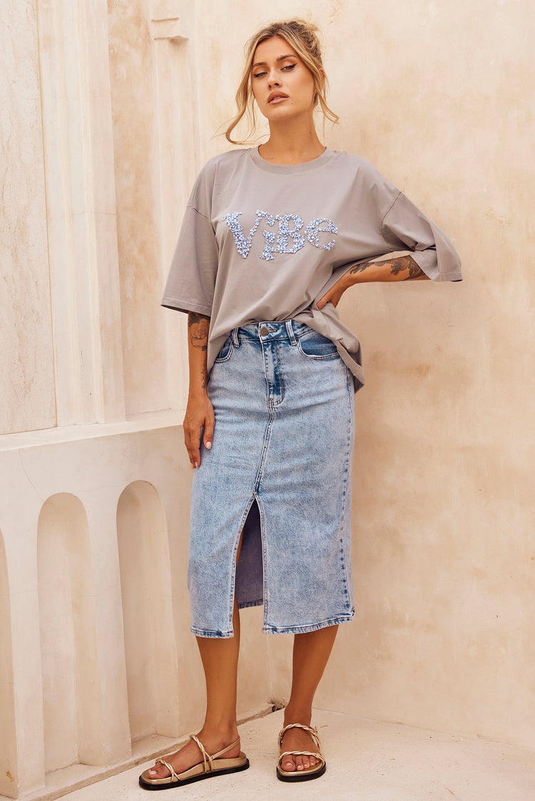 Always Mine Denim Midi Skirt - Washed Blue for women