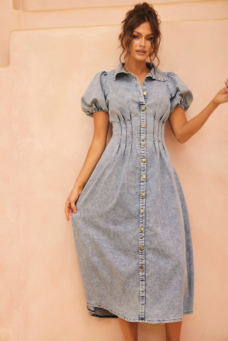 Amber Denim Midi Dress - Washed Blue for women