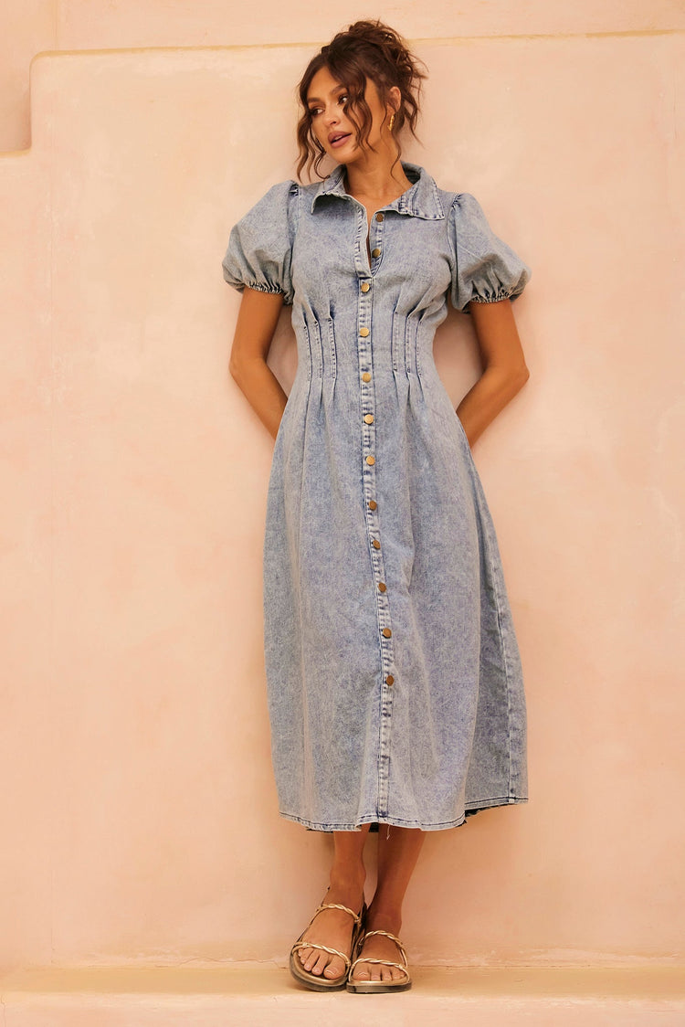 Amber Denim Midi Dress - Washed Blue for women