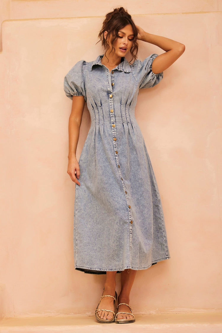 Amber Denim Midi Dress - Washed Blue for women