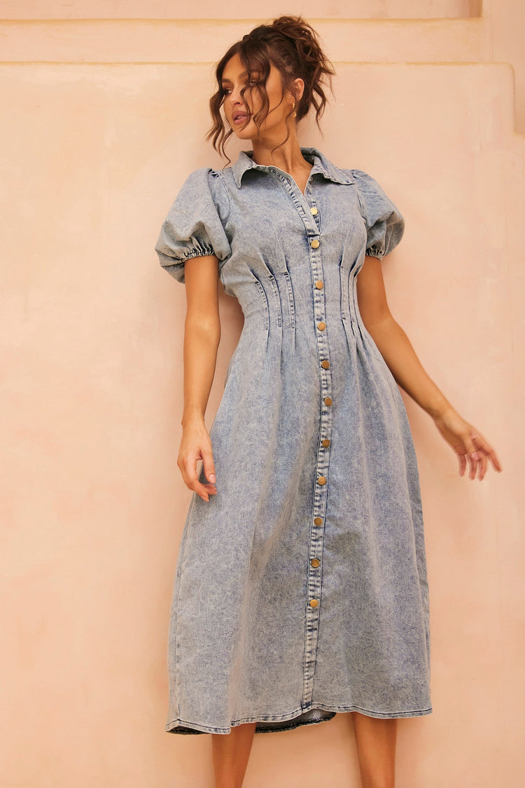 Amber Denim Midi Dress - Washed Blue for women