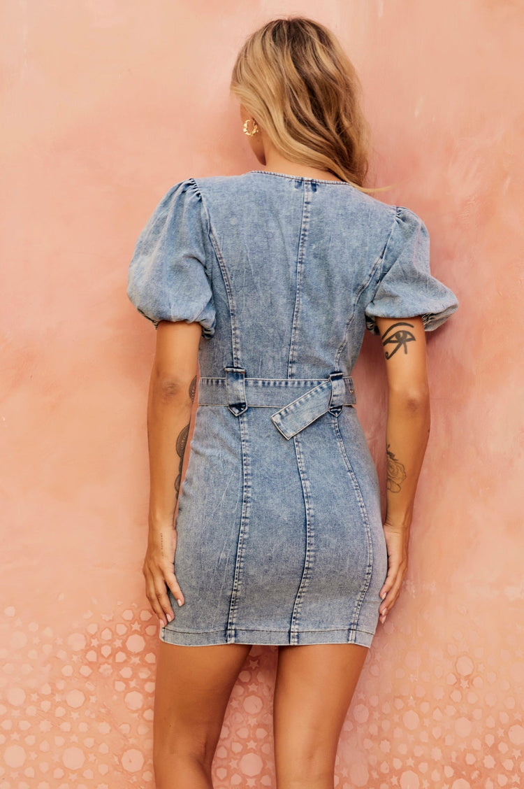 Another Love Denim Mini Dress - Washed Blue for women