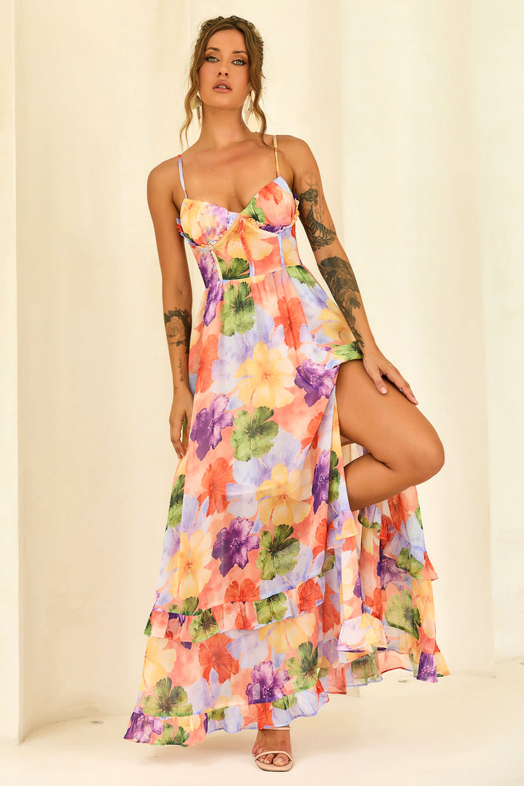 Azure Bloom Chiffon Maxi Dress - Orange Multi for women