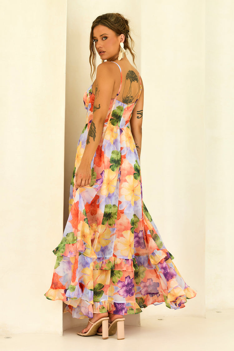 Azure Bloom Chiffon Maxi Dress - Orange Multi for women