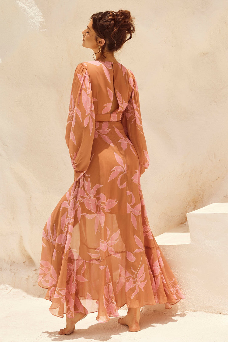 Botanical Blooms Maxi Dress - Tan for women