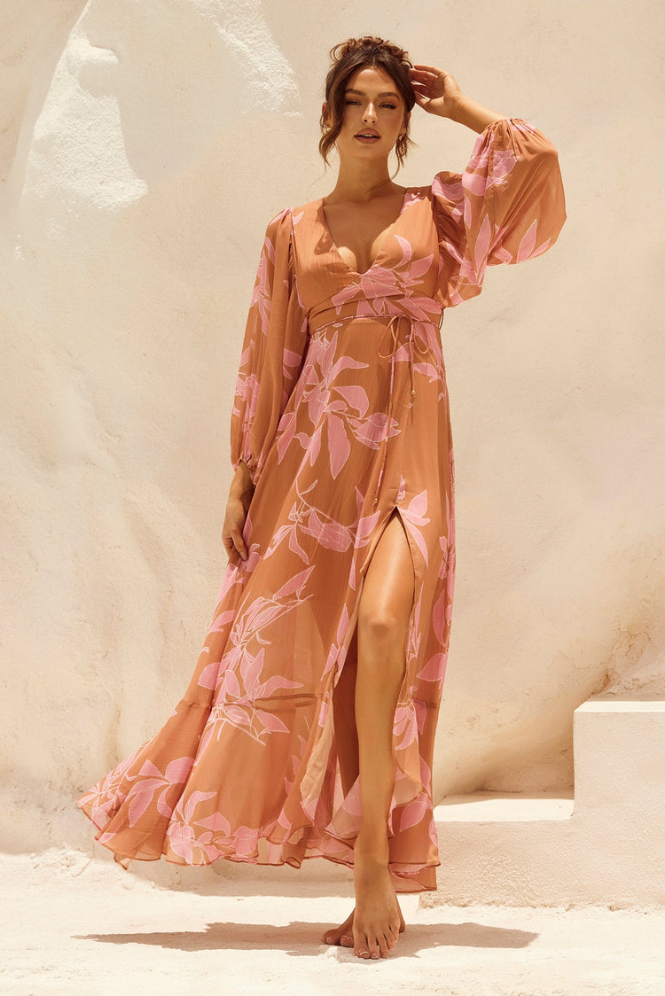 Botanical Blooms Maxi Dress - Tan for women