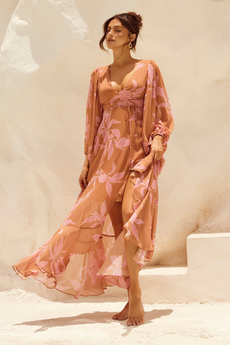 Botanical Blooms Maxi Dress - Tan for women