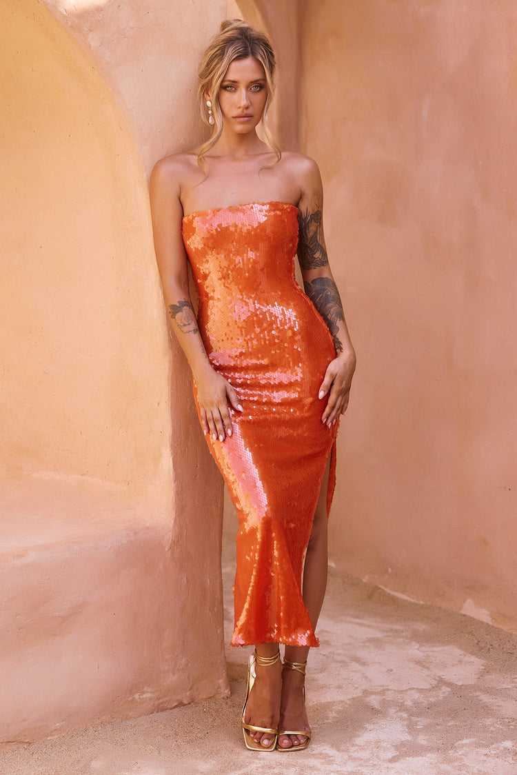 Bright Breezy Sequin Midi Dress - Orange for women