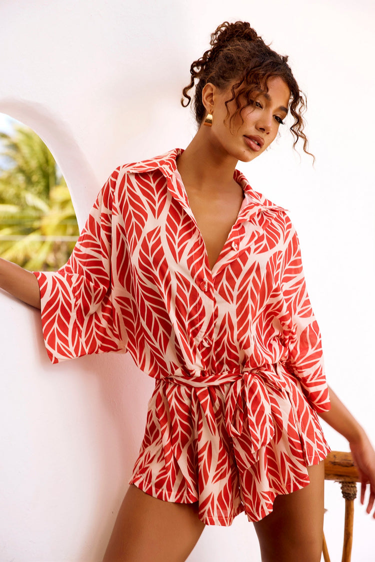 Ciao For Now Playsuit - Beige Red for women