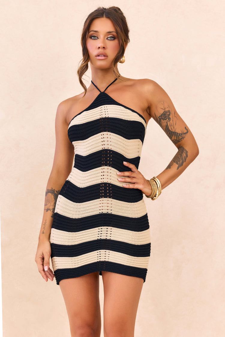 Coastal Waves Crochet Mini Dress - Black Beige for women