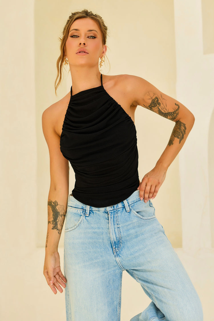 Contour Drape Ribbed Mesh Halter Top - Black for women