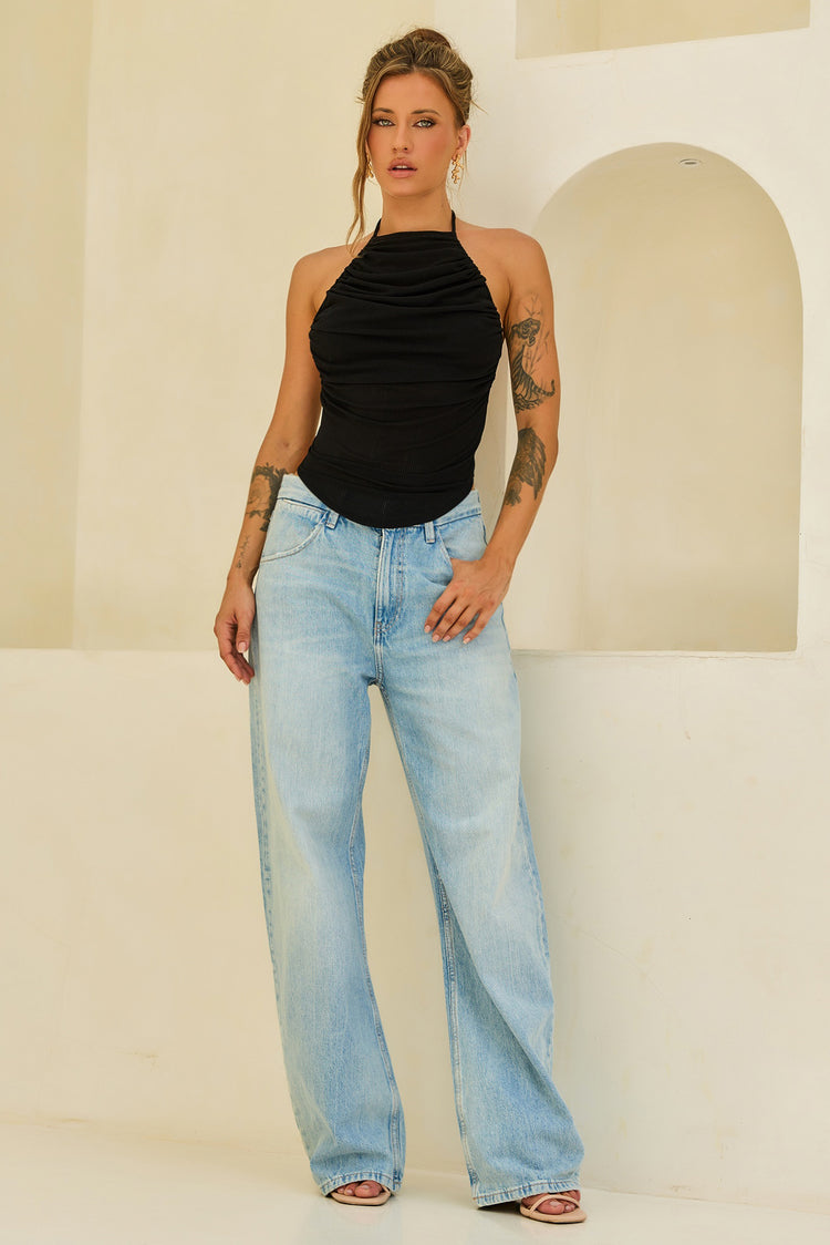 Contour Drape Ribbed Mesh Halter Top - Black for women