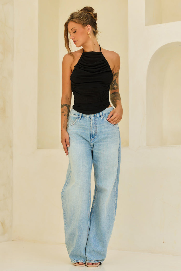 Contour Drape Ribbed Mesh Halter Top - Black for women