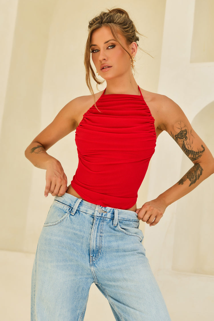 Contour Drape Ribbed Mesh Halter Top - Red for women