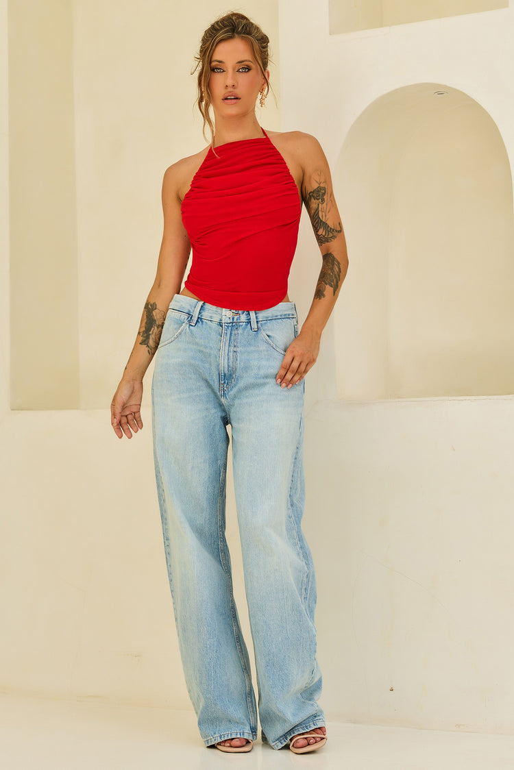 Contour Drape Ribbed Mesh Halter Top - Red for women