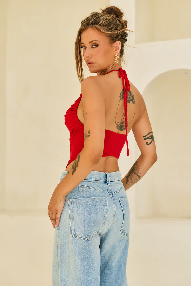 Contour Drape Ribbed Mesh Halter Top - Red for women