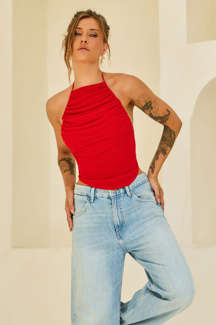Contour Drape Ribbed Mesh Halter Top - Red for women