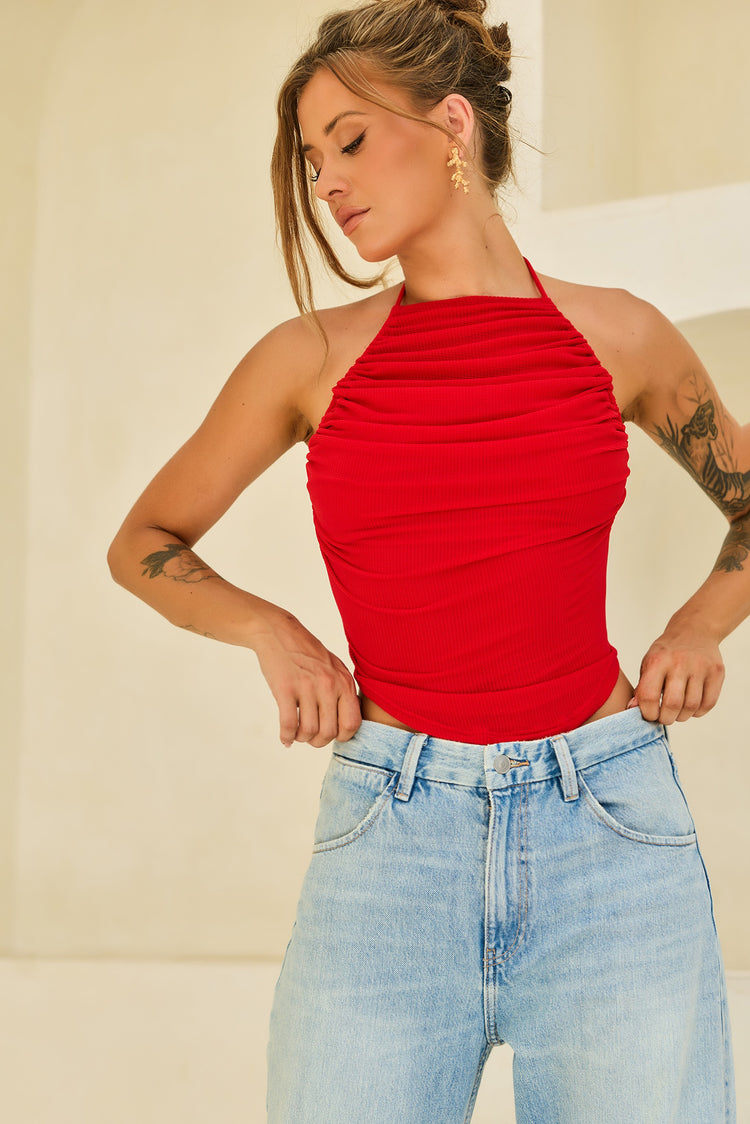 Contour Drape Ribbed Mesh Halter Top - Red for women