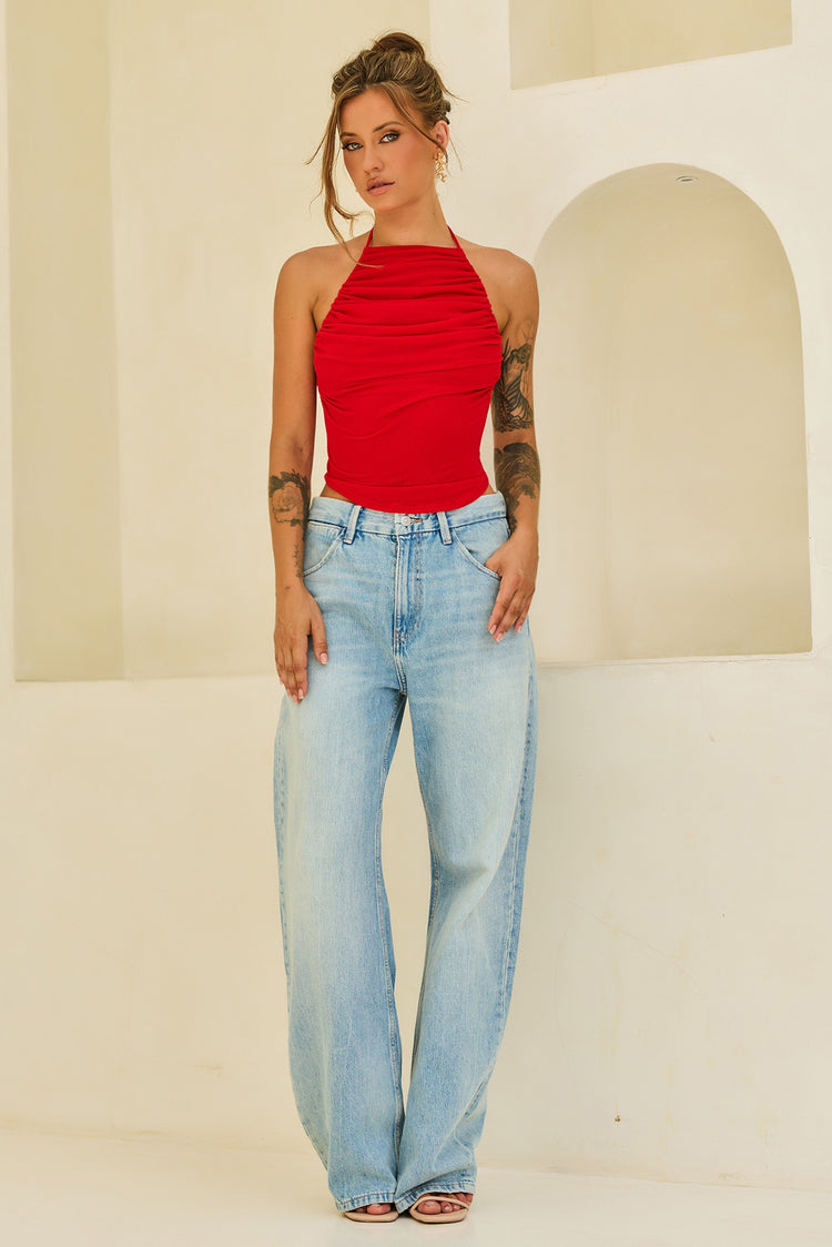 Contour Drape Ribbed Mesh Halter Top - Red for women