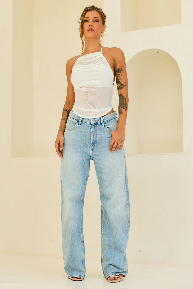 Contour Drape Ribbed Mesh Halter Top - White for women
