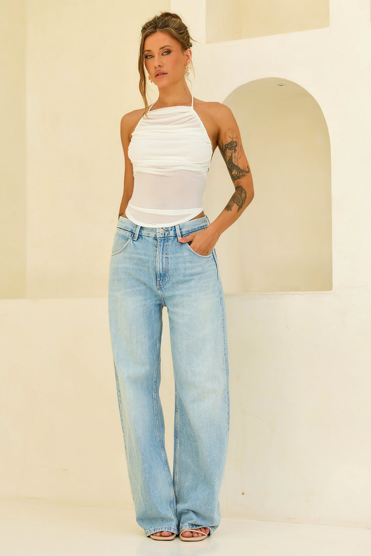 Contour Drape Ribbed Mesh Halter Top - White for women