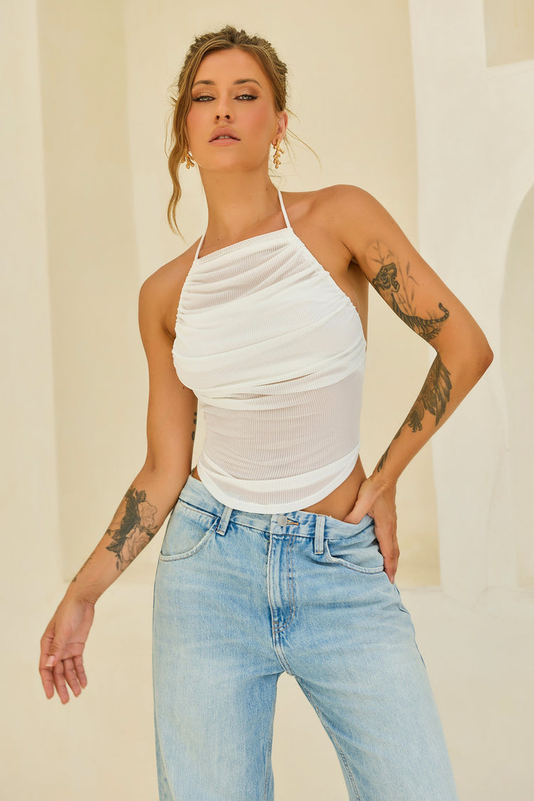 Contour Drape Ribbed Mesh Halter Top - White for women