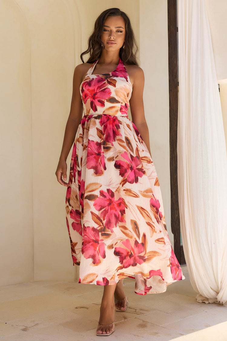 Crimson Whisper Woven Midi Dress - Wine Multi for women