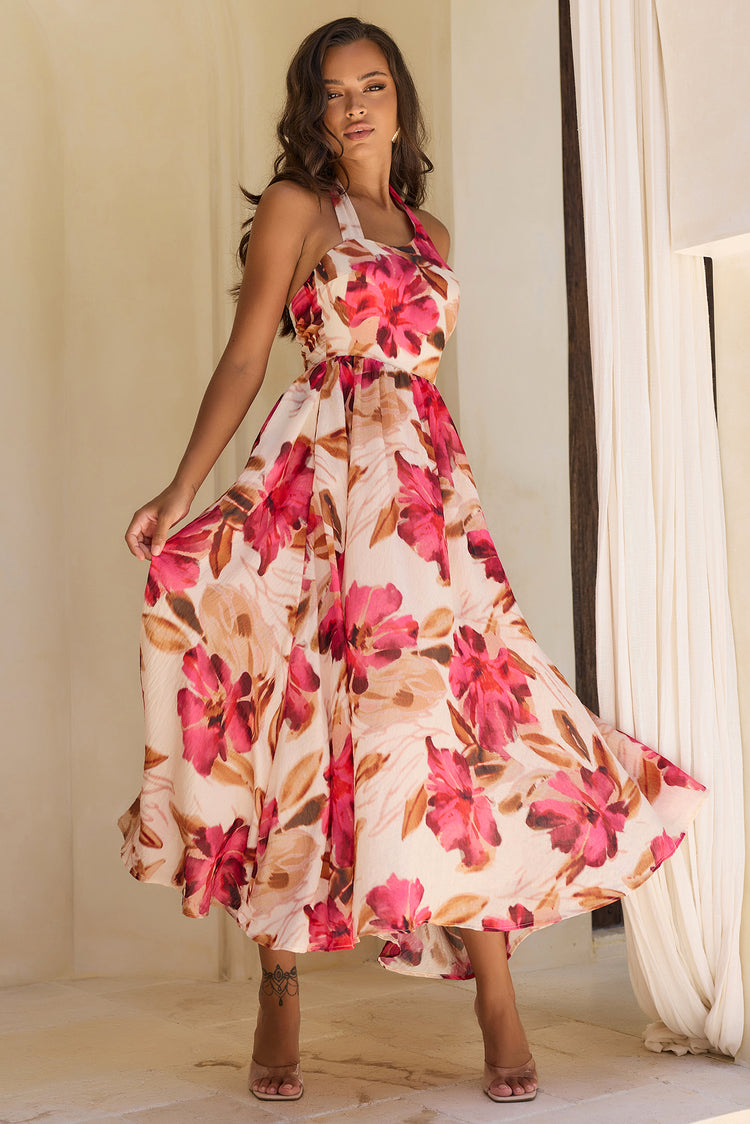 Crimson Whisper Woven Midi Dress - Wine Multi for women