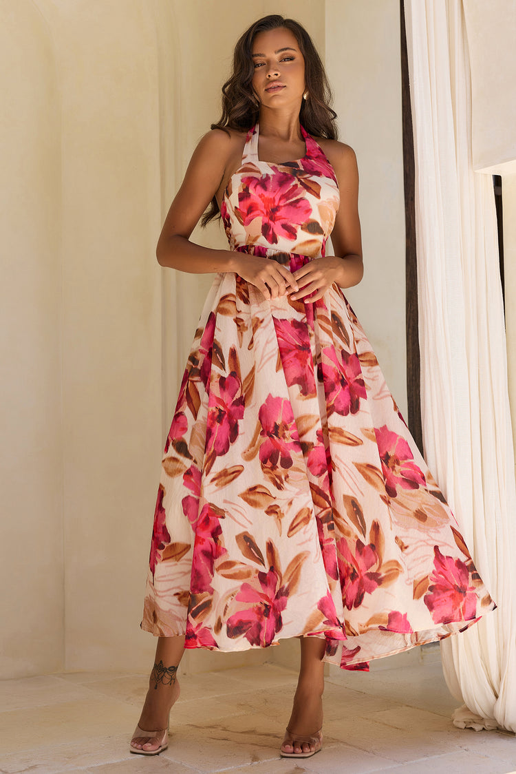 Crimson Whisper Woven Midi Dress - Wine Multi for women